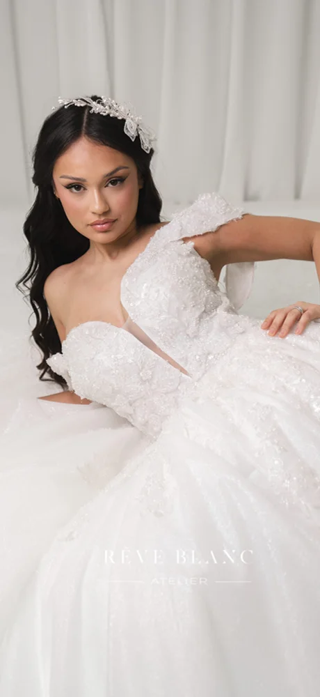 Robe princesse en dentelle brodée et diadème